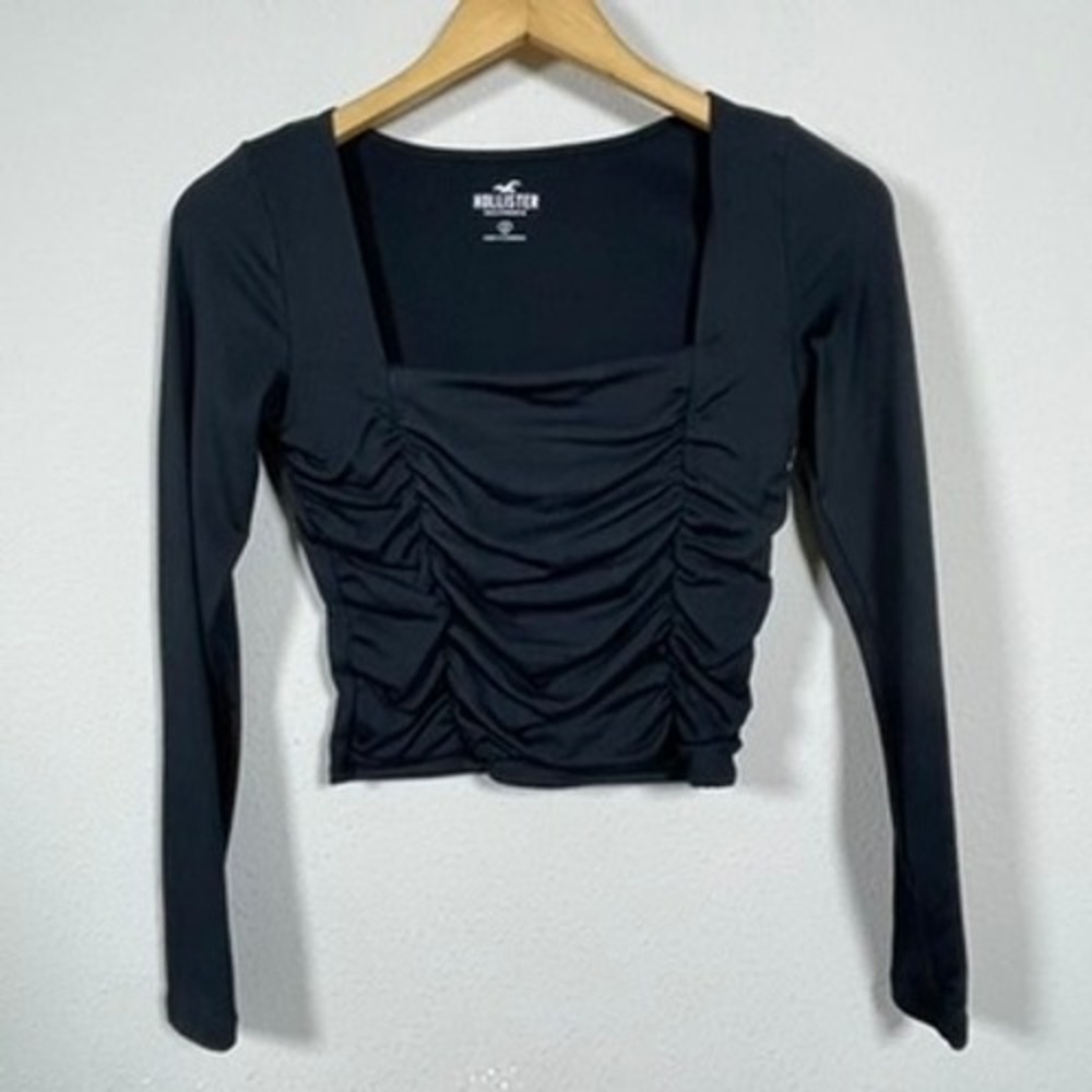 Hollister Goth Coquette Ruched Crop Top Women S Black Square Neck Long Sleeve